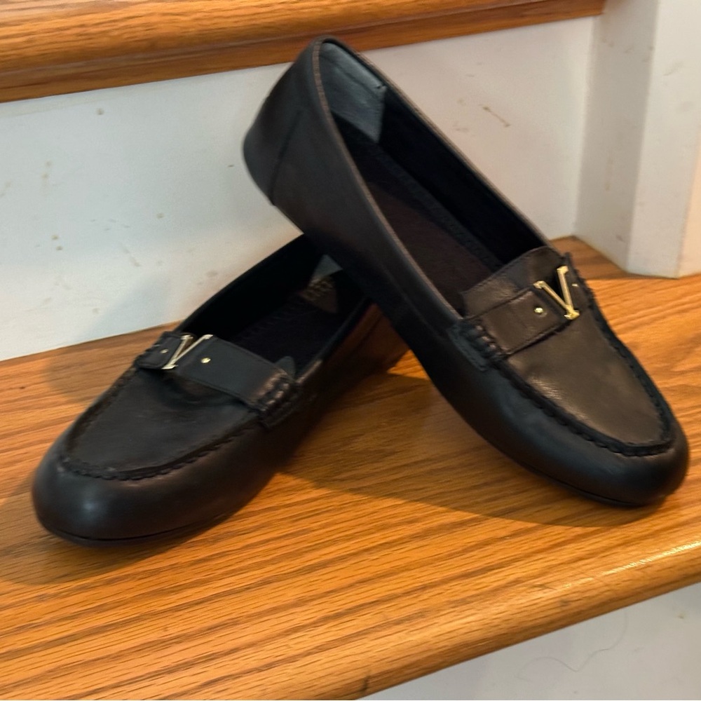 Vionic Black Leather Loafers with Gold Accents